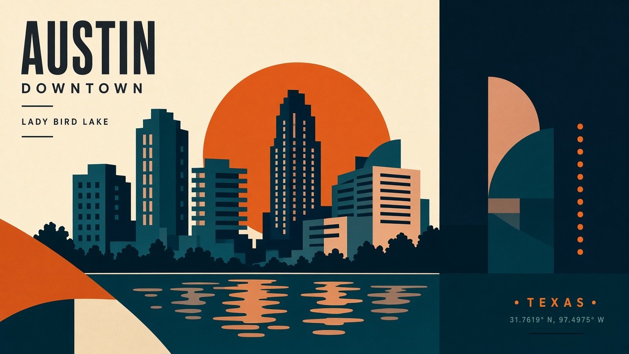 Bauhaus-style poster of downtown Austin and Lady Bird Lake
