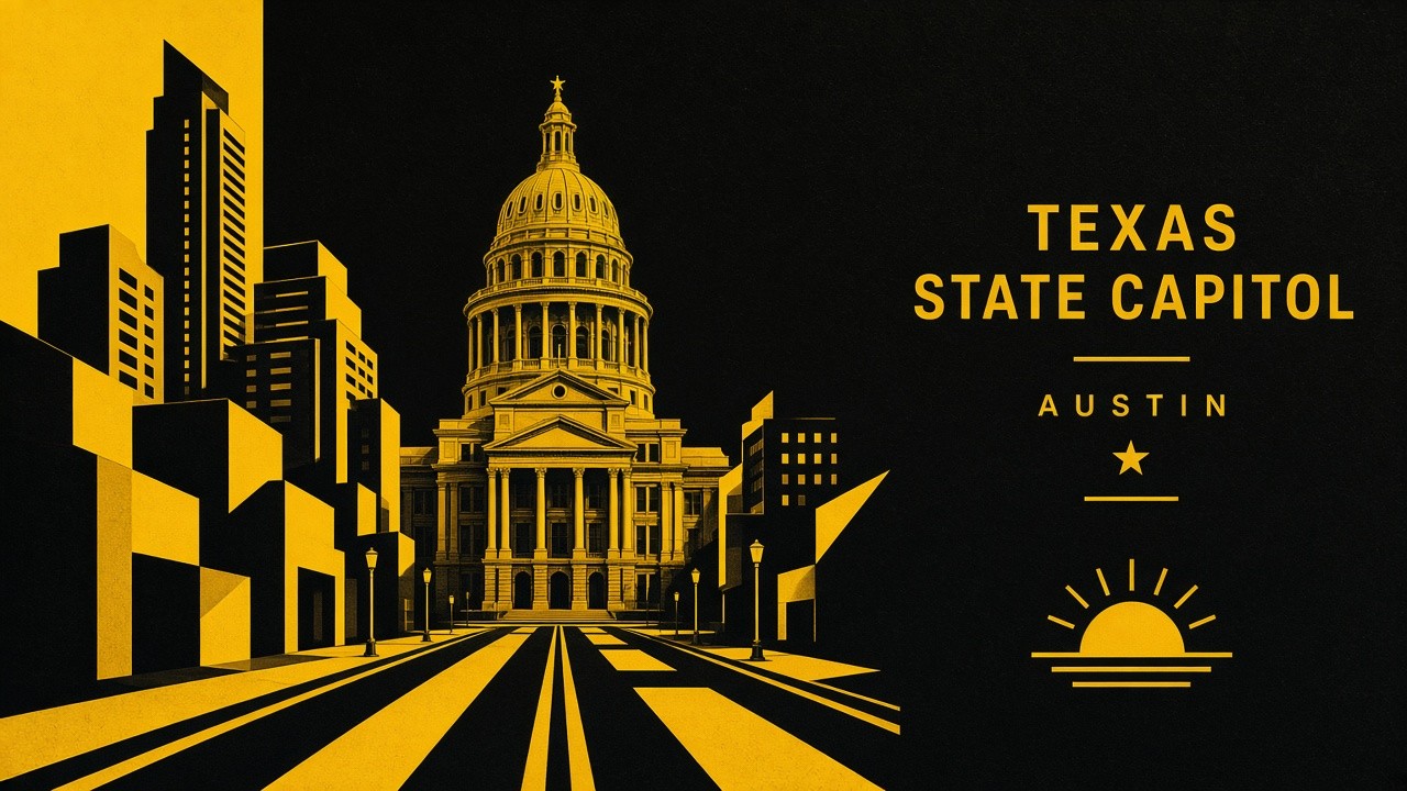 Poster of the Texas State Capitol in yellow and black